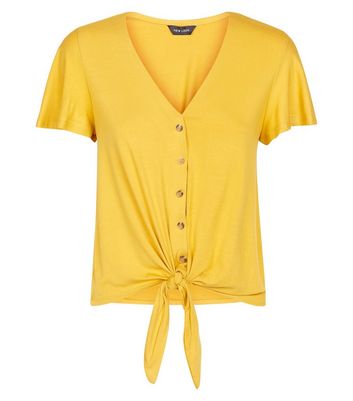 Mustard Yellow Tie Button Front Top New Look