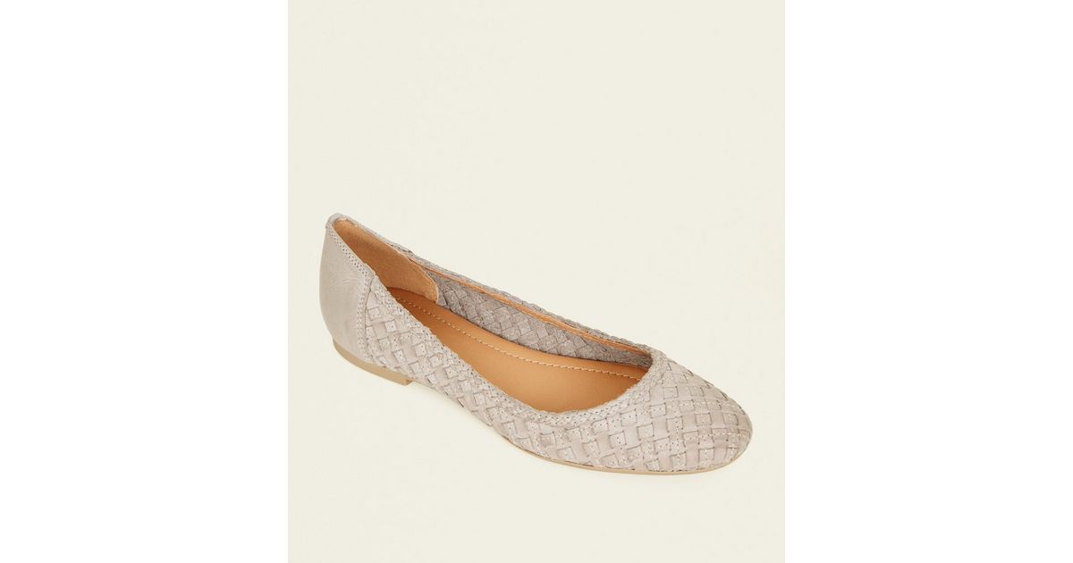 Grey Leather Woven Ballet Pumps New Look