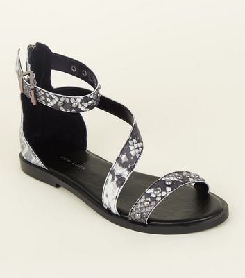 Black Leather Snake Print Sandals 