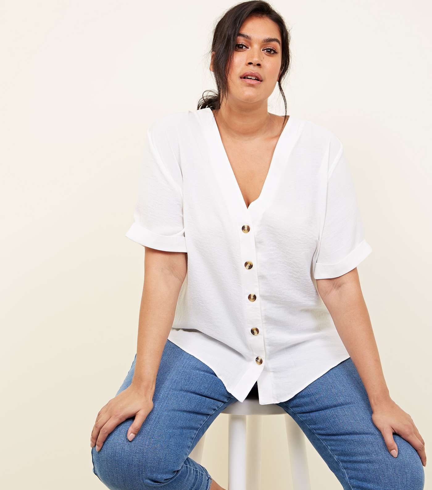 Curves Off White Button Front Boxy Shirt Image 6