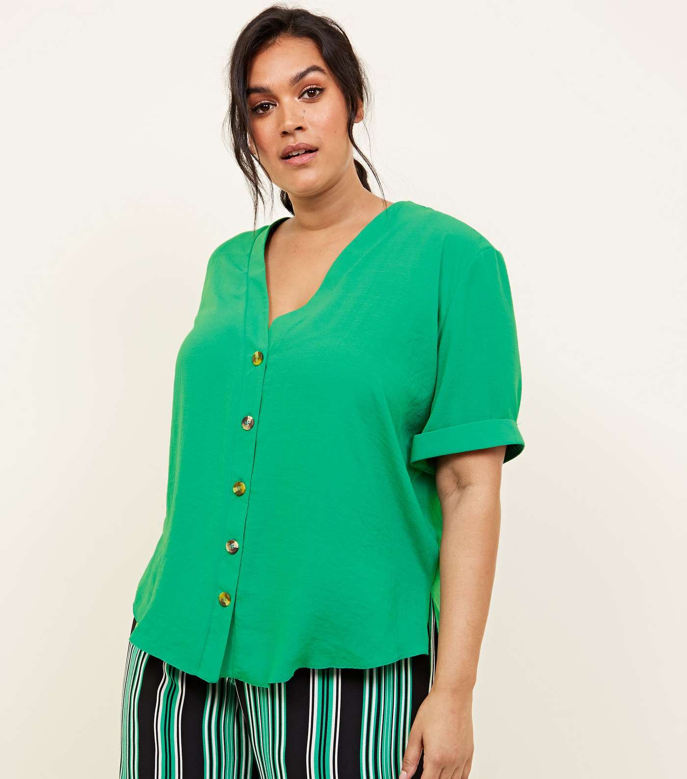 Curves Green Button Front Boxy Shirt