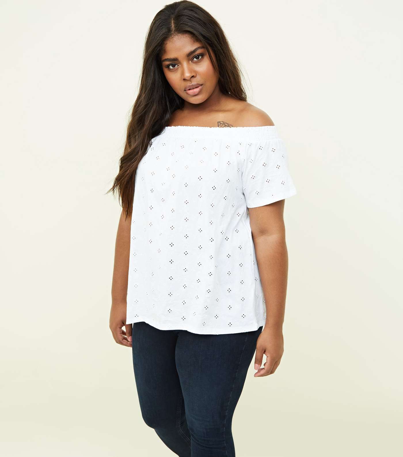 Curves White Broderie Bardot Neck Top