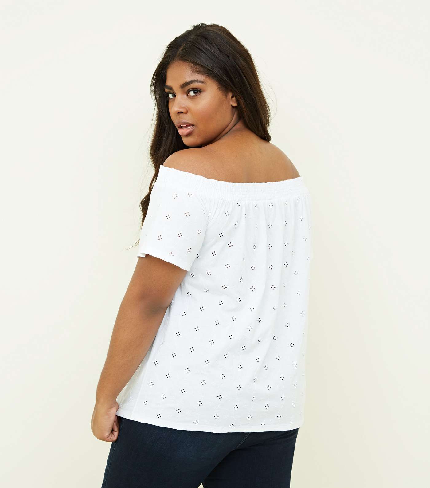 Curves White Broderie Bardot Neck Top Image 3