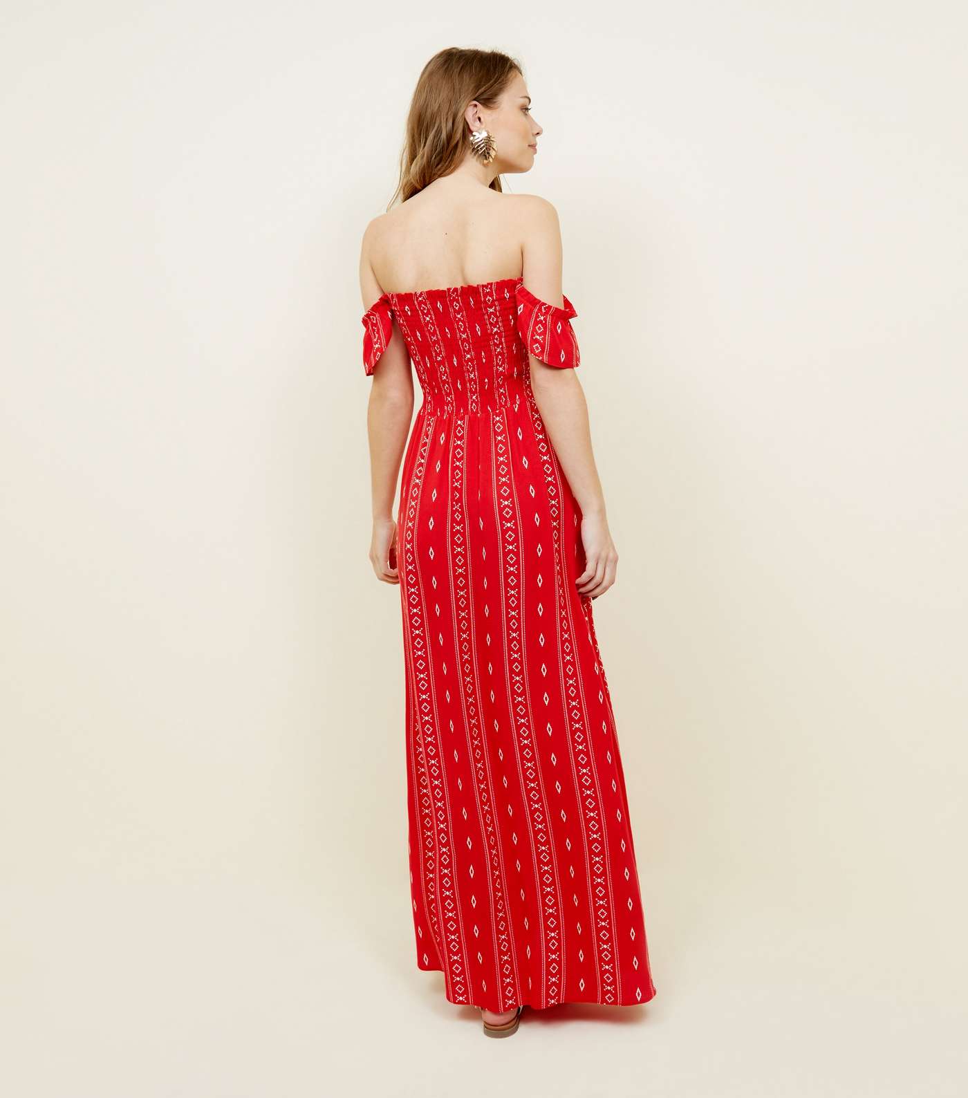 Red Geometric Print Shirred Beach Maxi Dress Image 2