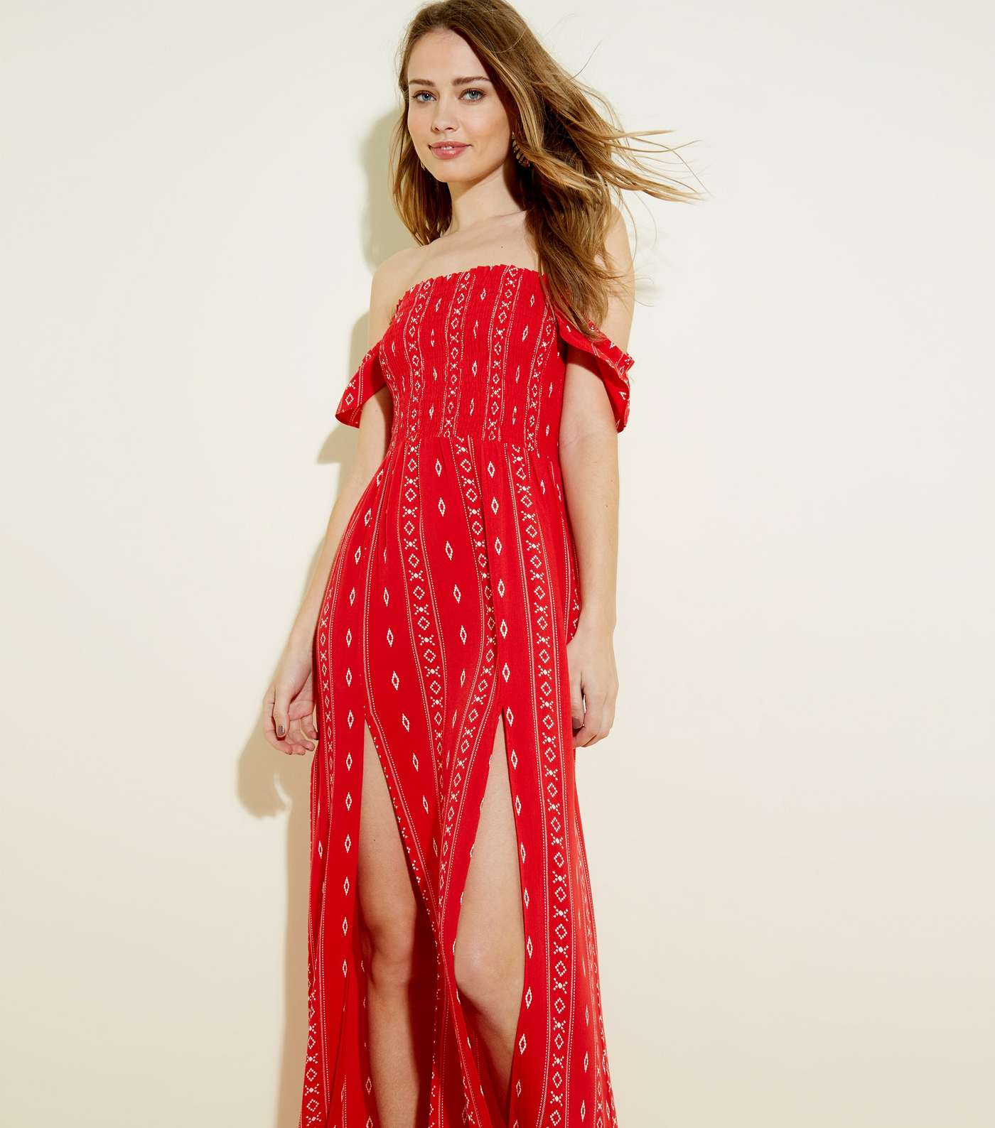 Red Geometric Print Shirred Beach Maxi Dress Image 4