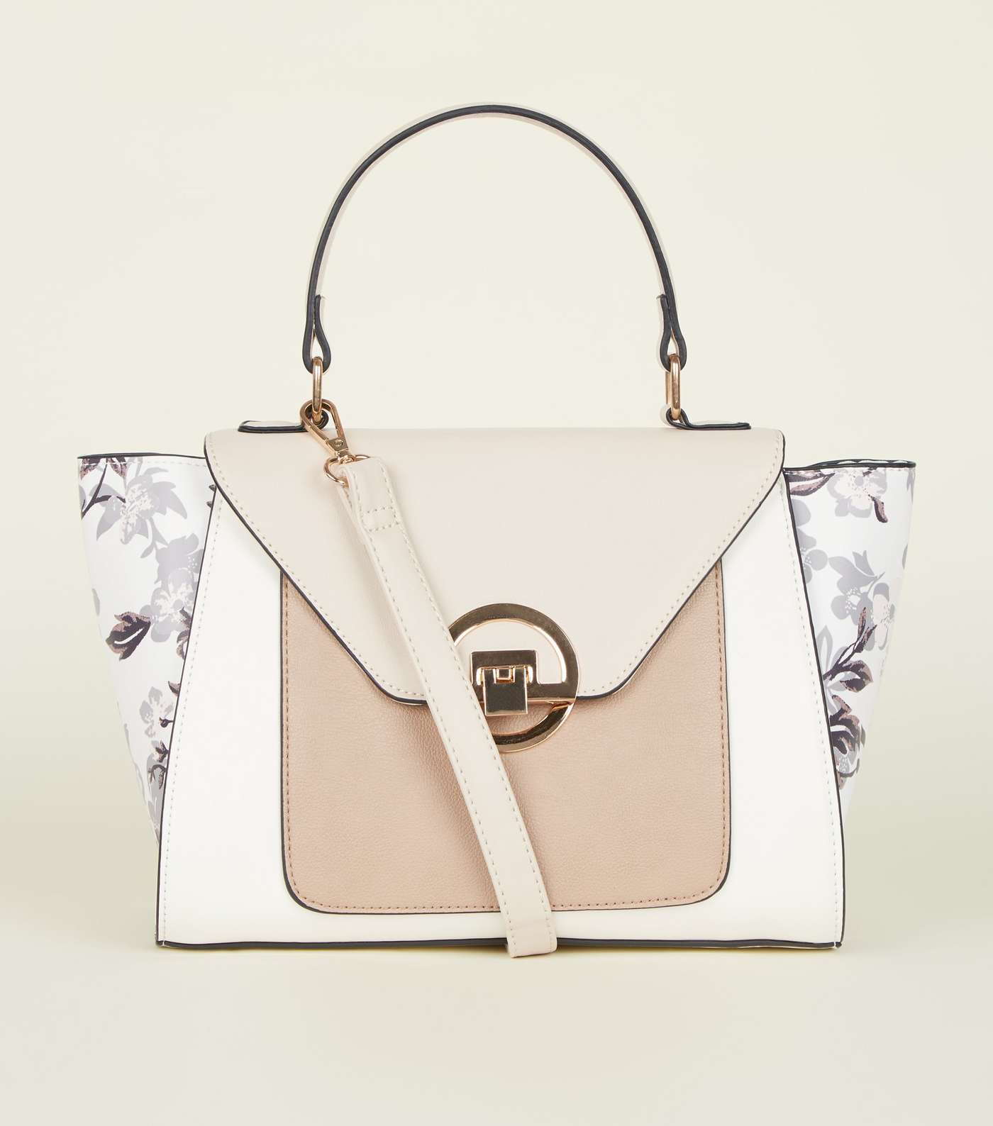 White Floral Printed Contrast Winged Tote Bag