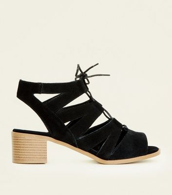 black suedette low block heel ghillie sandals