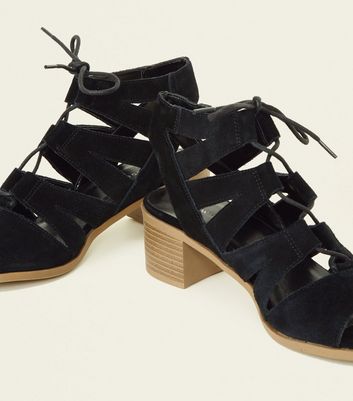 black suedette low block heel ghillie sandals