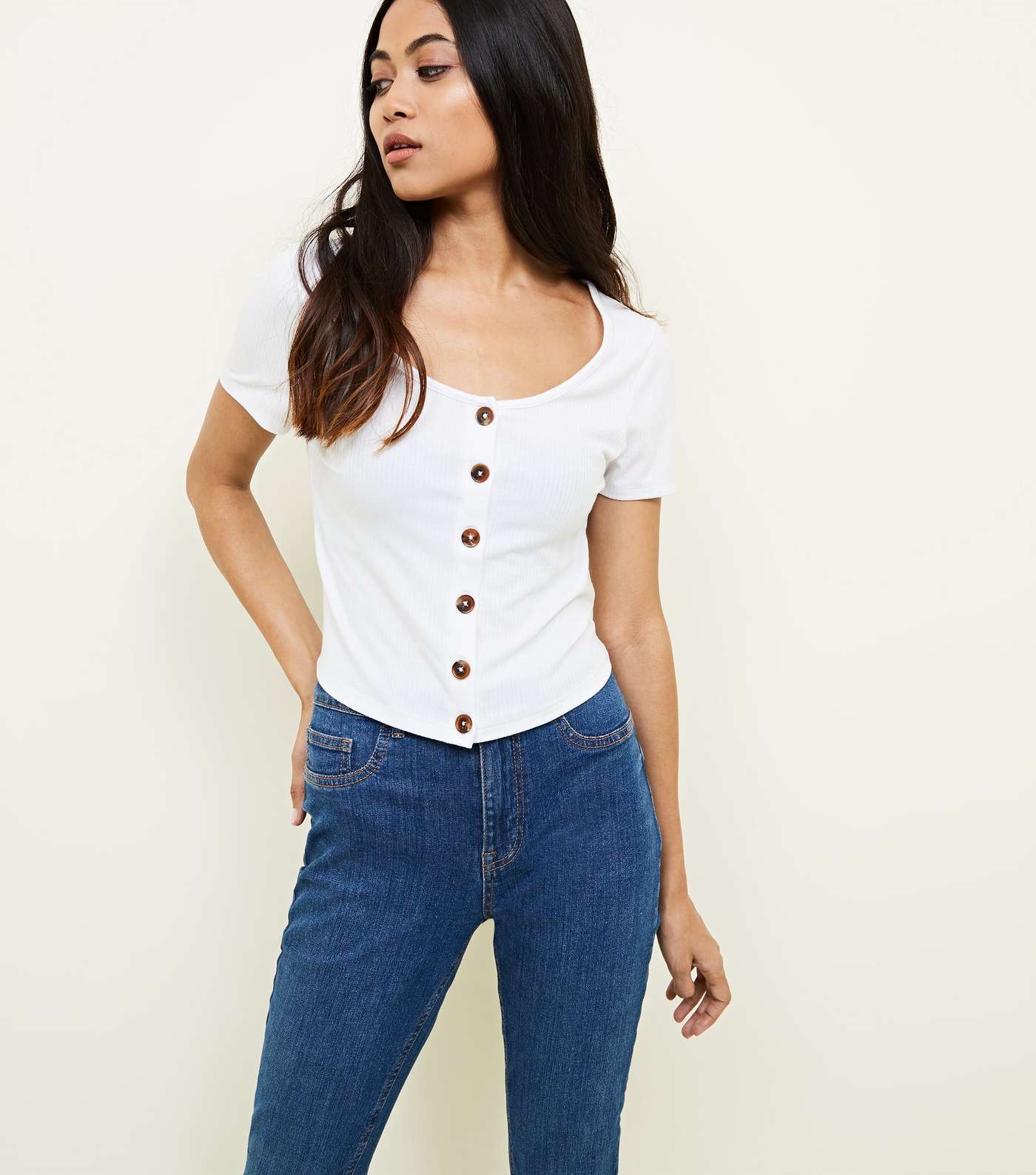 Petite White Ribbed Button Front T-Shirt