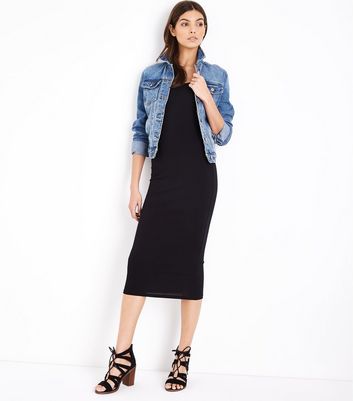 black midi dress with denim jacket