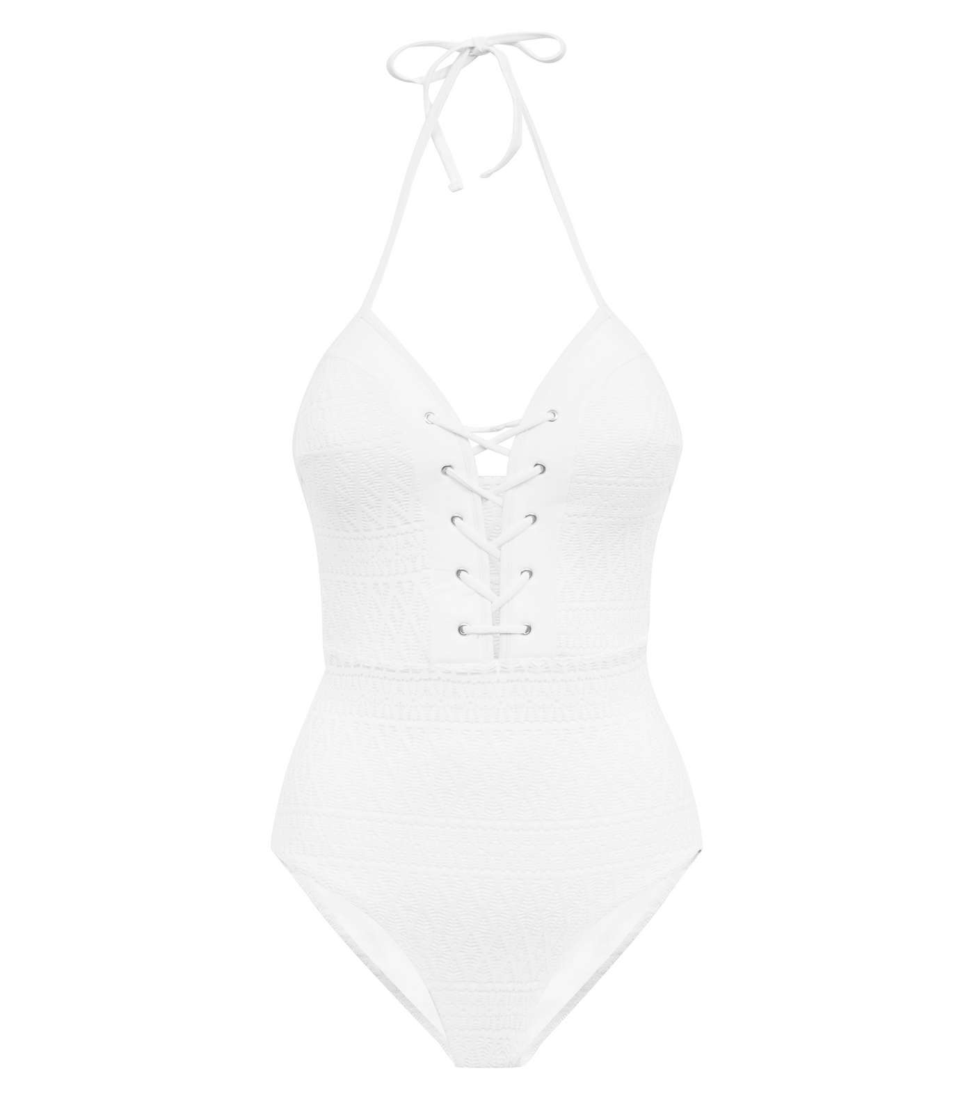 White Crochet Cross Lace Halterneck Swimsuit Image 4