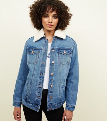 Blue Borg Lined Oversized Denim Jacket New Look