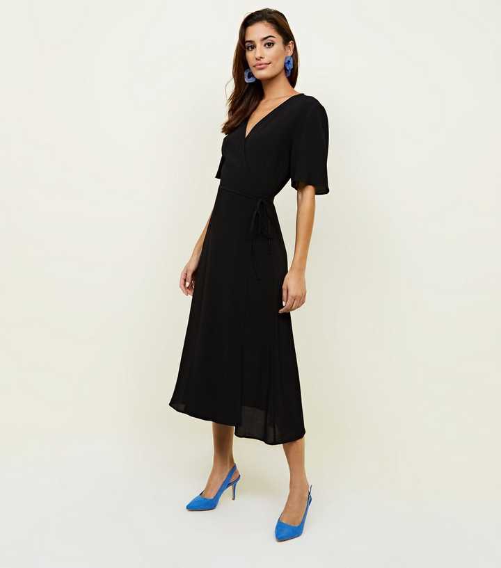 Black Wrap Front Midi Dress 