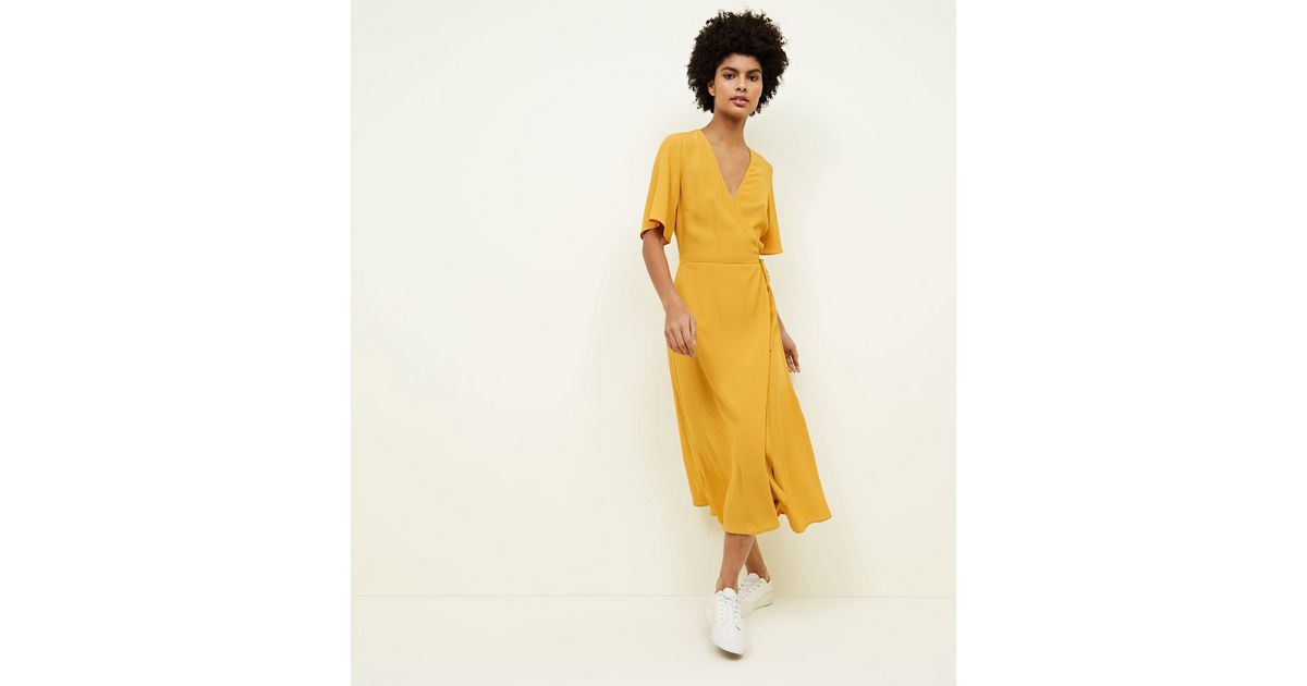 Mustard Yellow Wrap Front Midi Dress | New Look