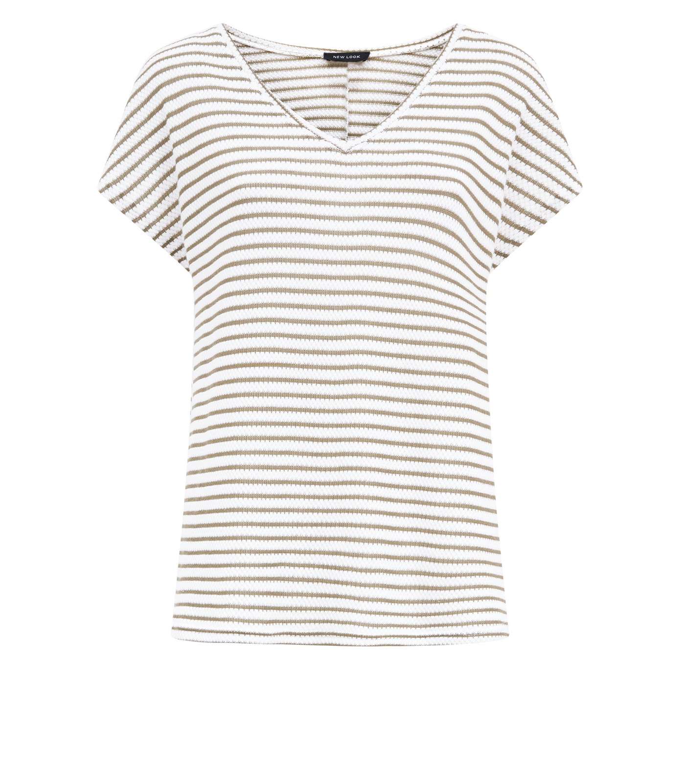 Khaki Stripe Fine Knit V Neck T-Shirt Image 4