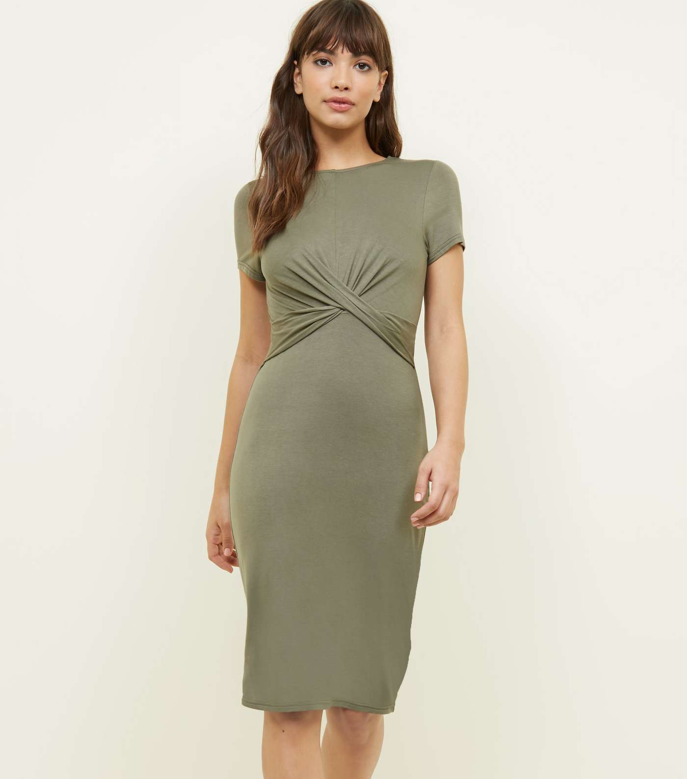 Olive Green Twist Front Jersey Bodycon Dress