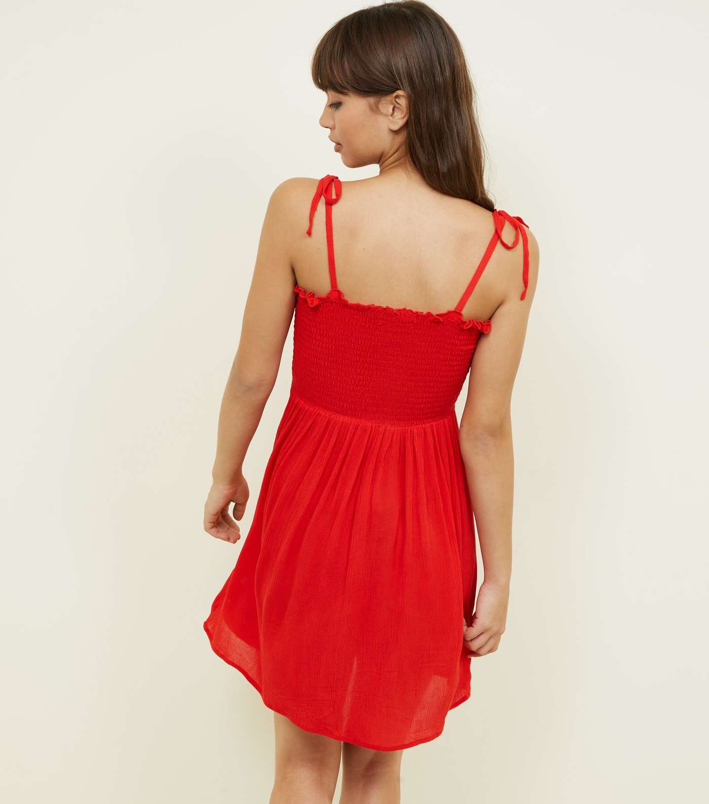Red Shirred Button Front Sundress  Image 3