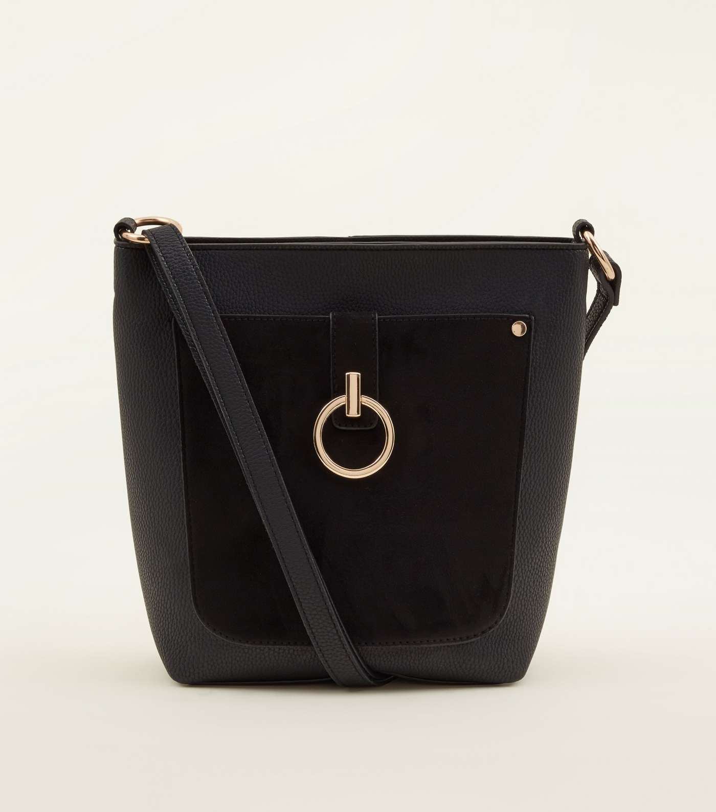 Black Suedette Ring Front Bucket Bag