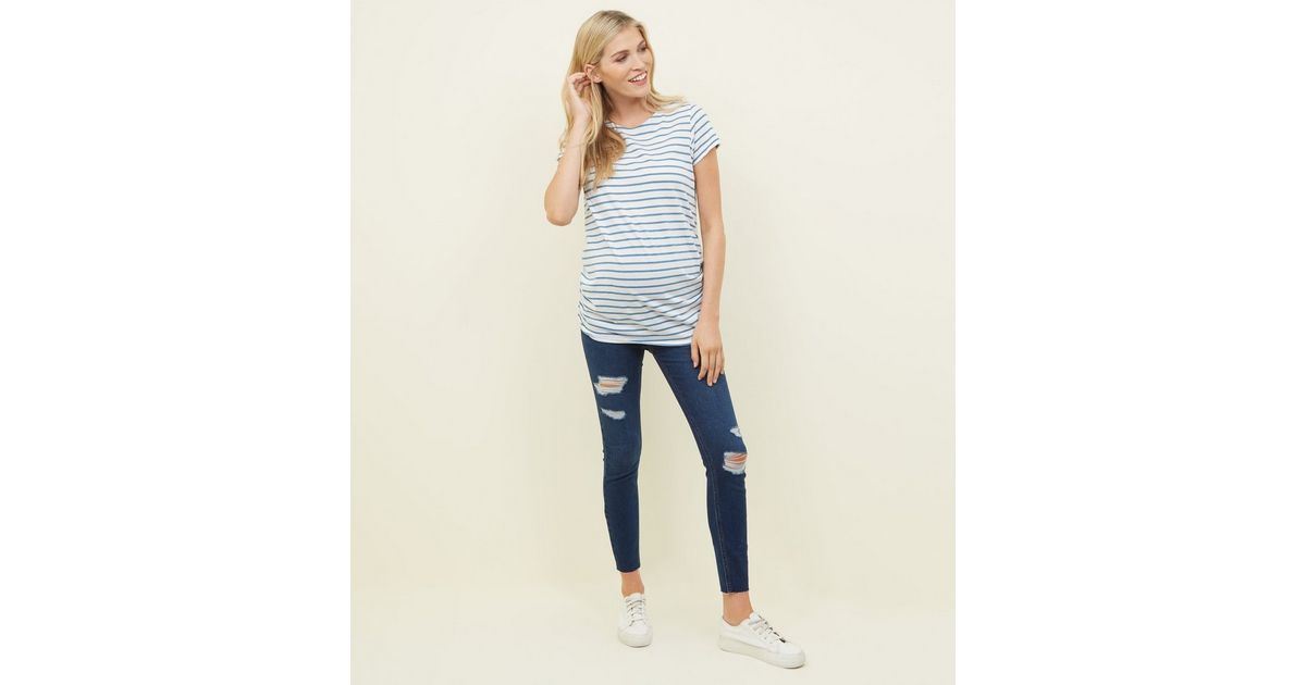 Maternity Navy Ripped Over Bump Skinny Jeans | New Look