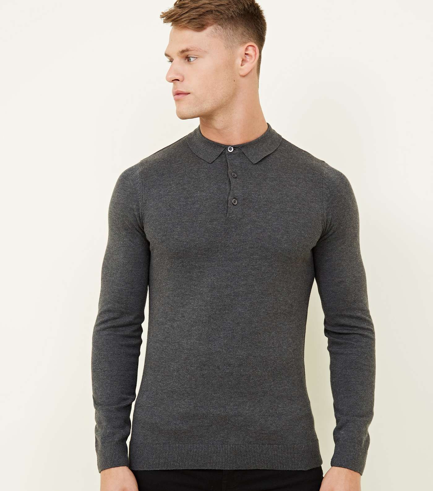 Dark Grey Long Sleeve Muscle Fit Knit Polo Shirt