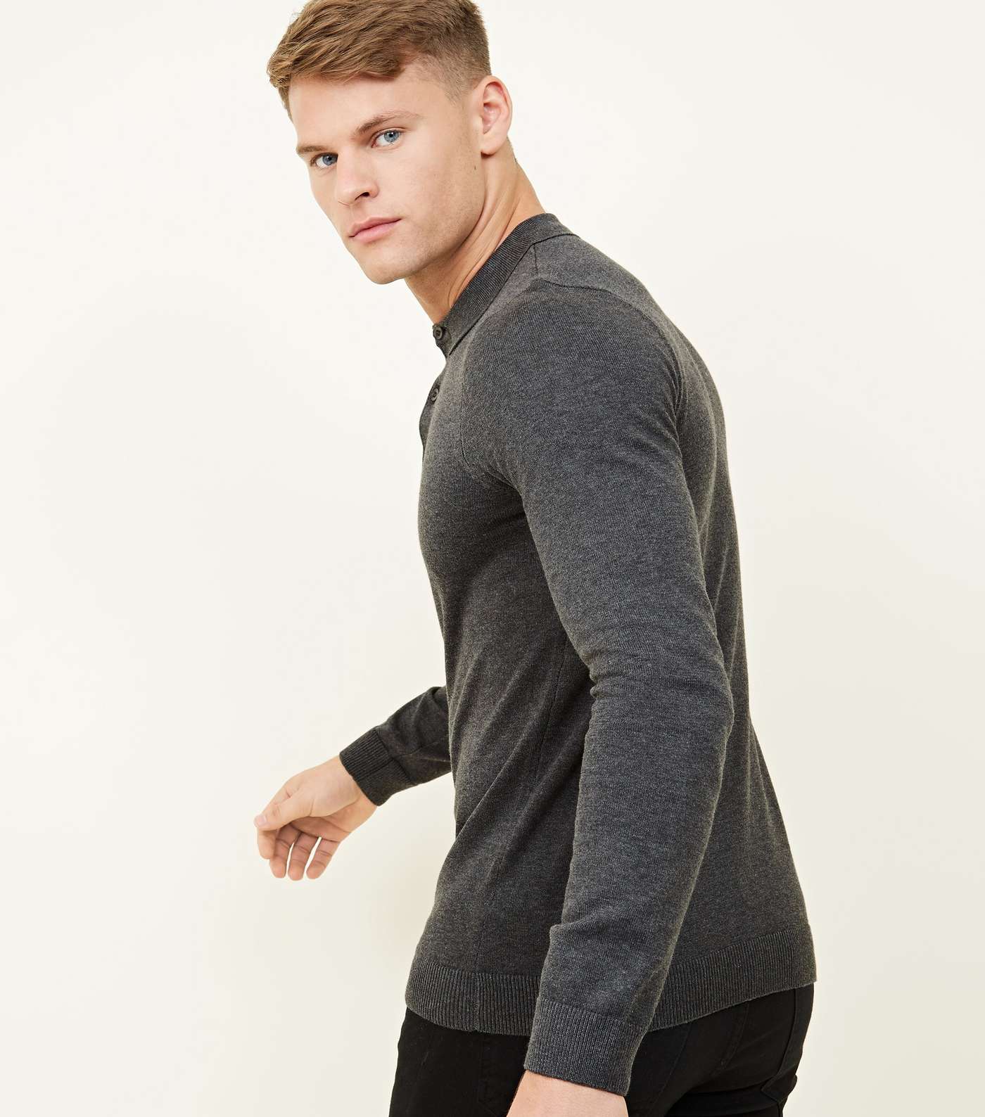 Dark Grey Long Sleeve Muscle Fit Knit Polo Shirt Image 3