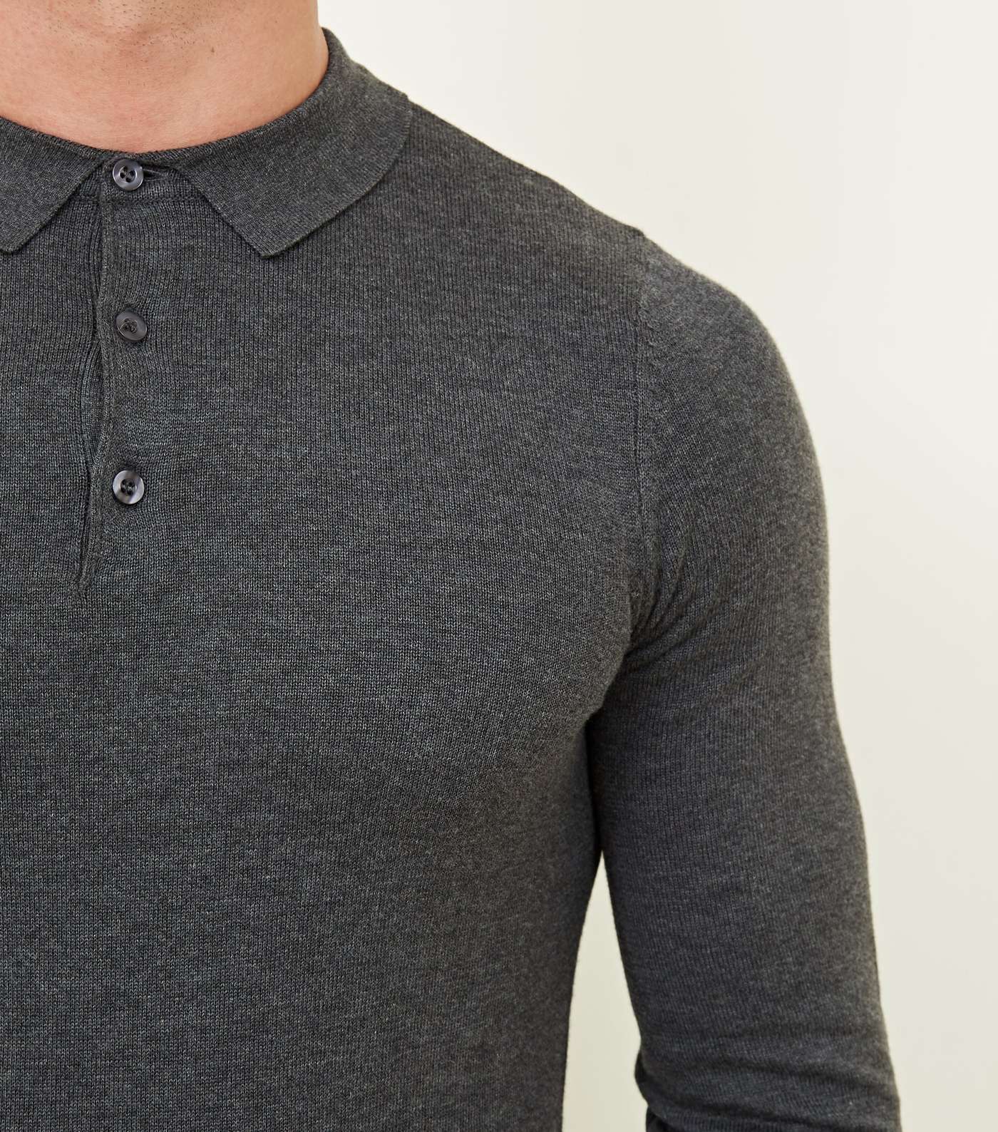 Dark Grey Long Sleeve Muscle Fit Knit Polo Shirt Image 5