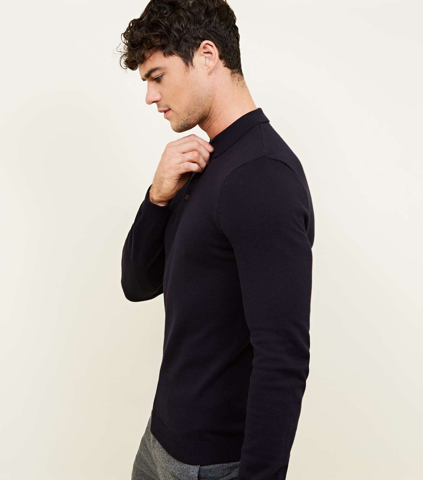 Navy Muscle Fit Long Sleeve Knit Polo Shirt Image 5