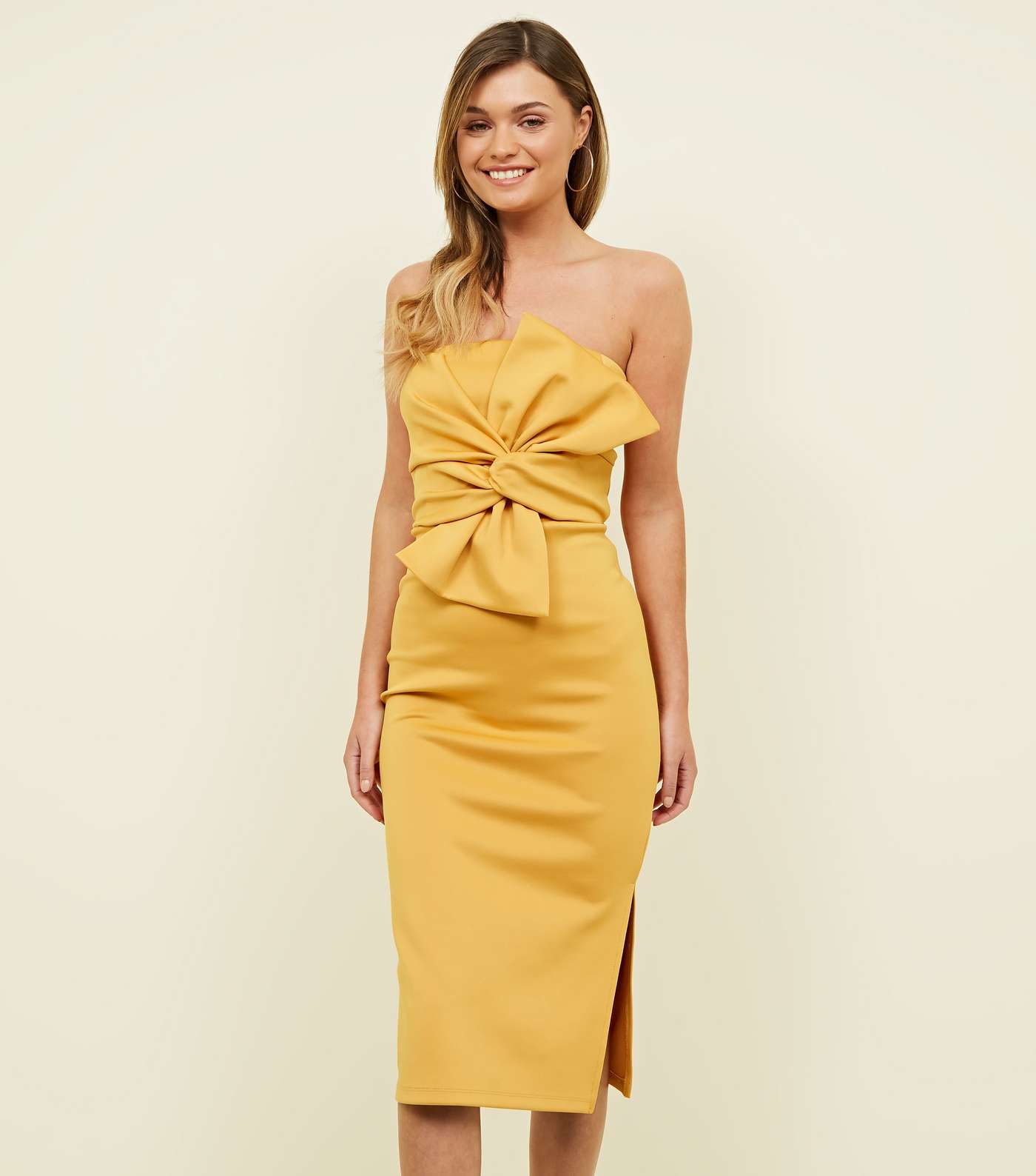Mustard Strapless Bow Front Midi Dress