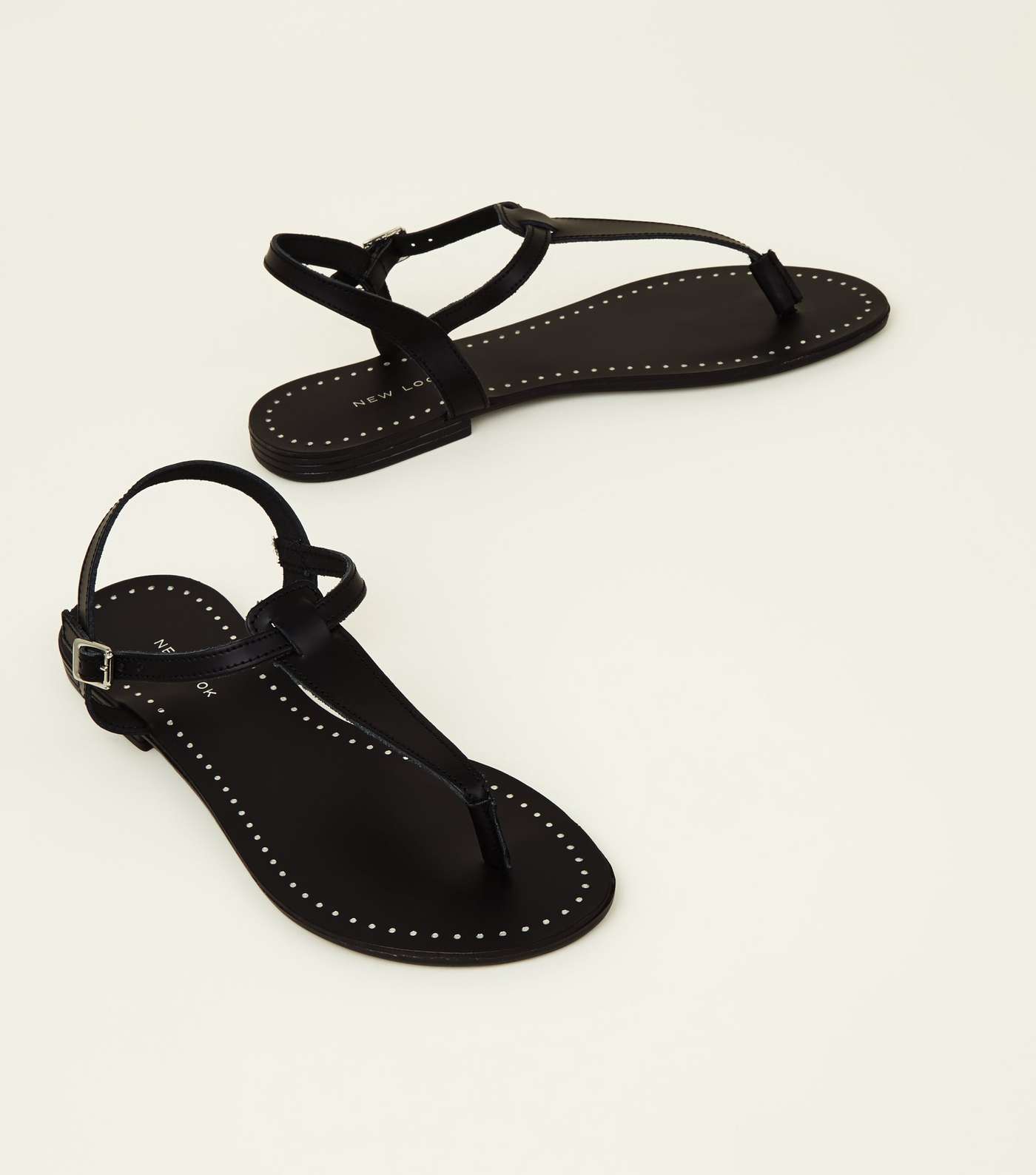 Black Leather Studded Flat Sandals Image 4