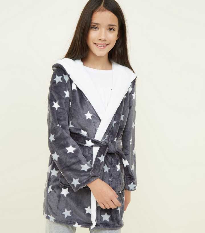 Girls Dark Grey Star Print Fluffy Hooded Robe