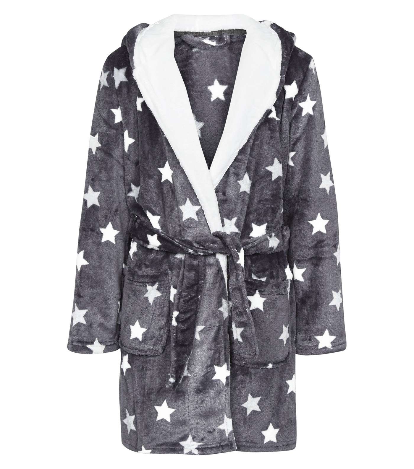 Girls Dark Grey Star Print Fluffy Hooded Robe Image 4