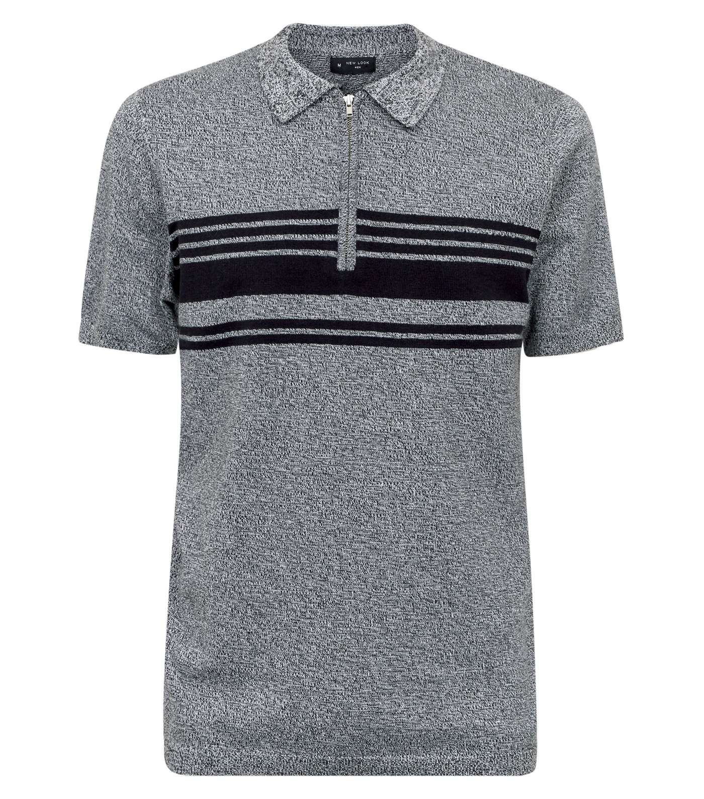 Light Grey Zip Stripe Block Knit Polo Shirt Image 4