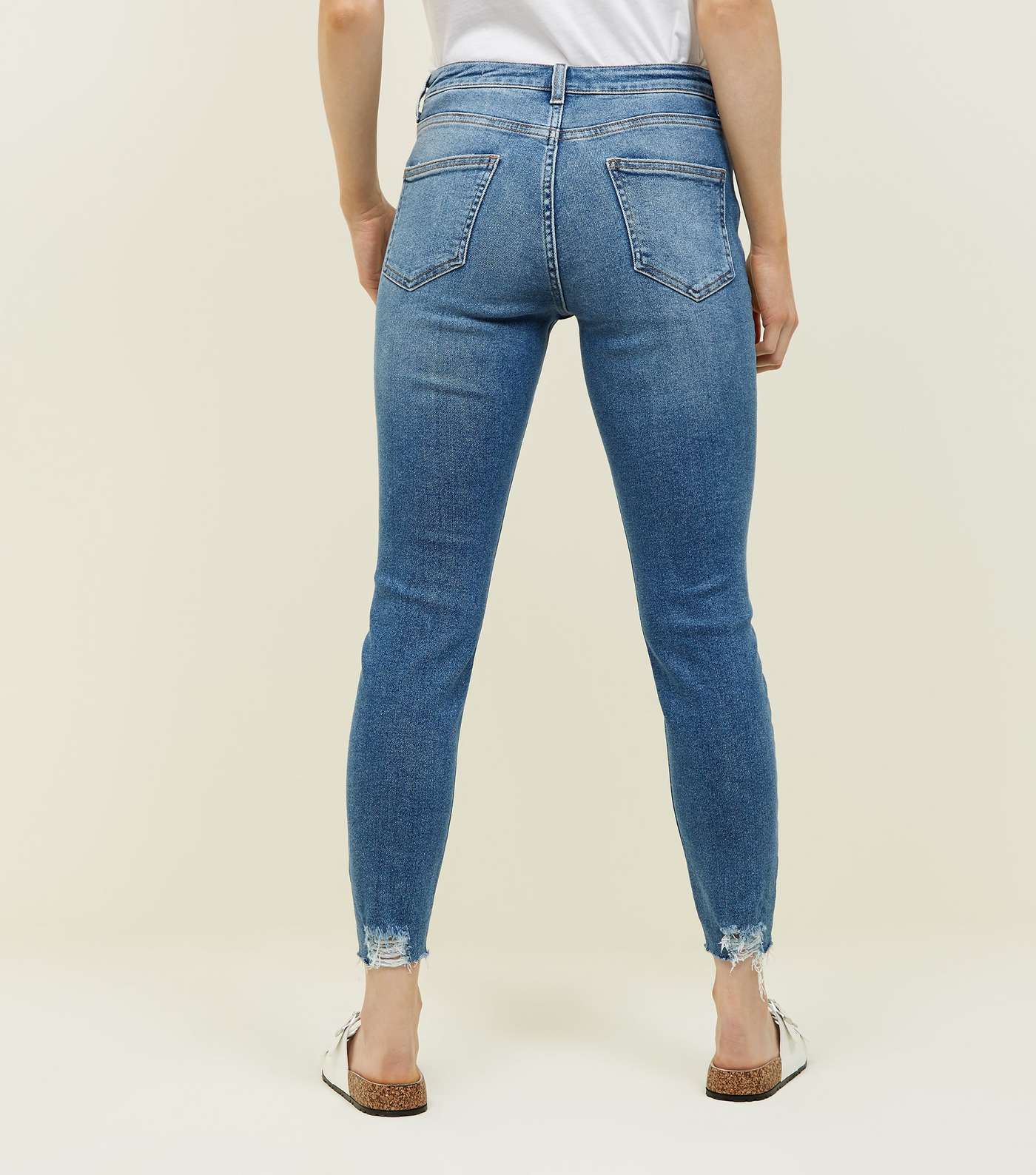 Petite Blue Ripped Raw Hem Skinny Jeans Image 3
