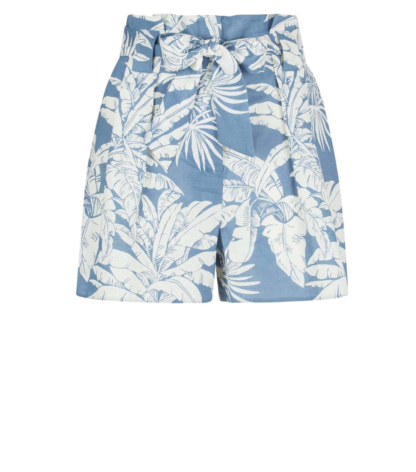Blue Tropical Linen Blend Paperbag Shorts Image 4