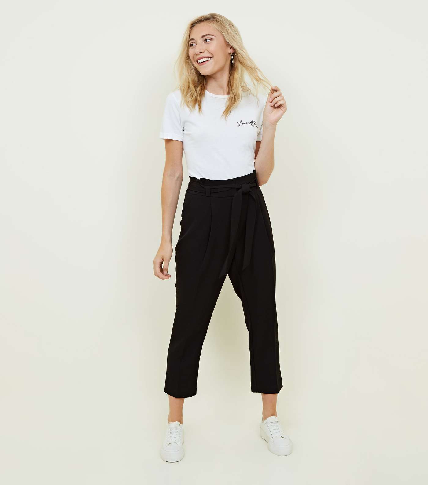 Petite Black Paperbag Waist Tapered Trousers 