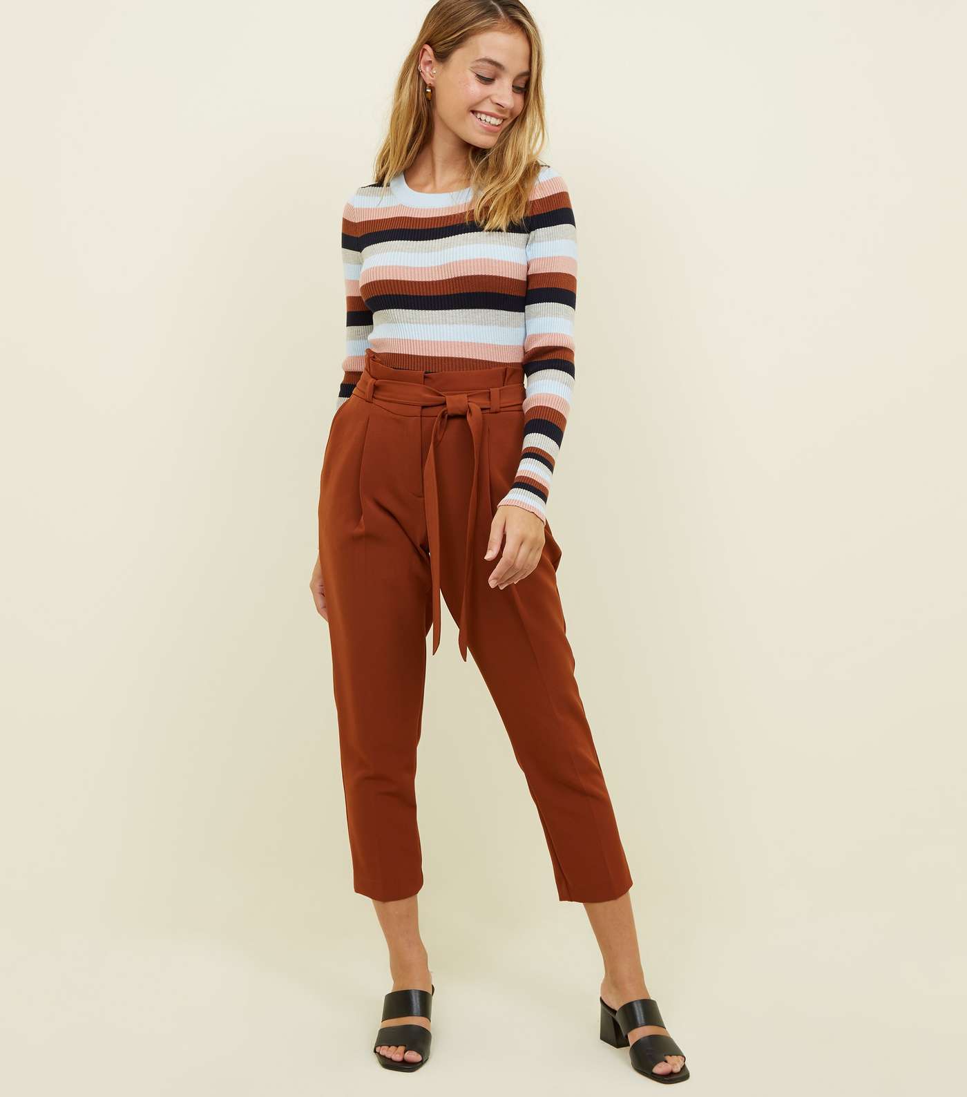 Petite Rust Paperbag Waist Tapered Trousers 
