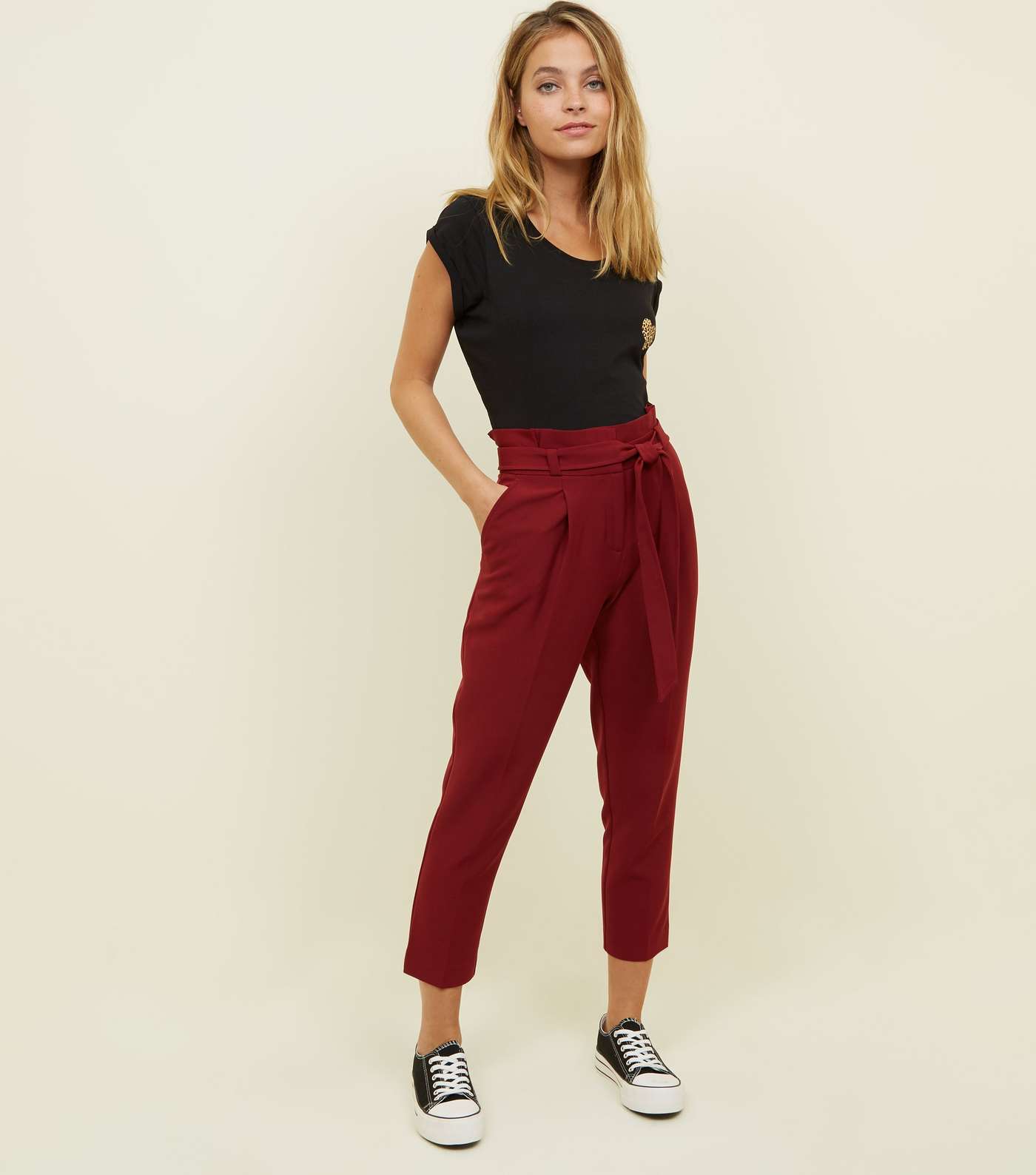 Petite Burgundy Belted Paperbag Waist Trousers