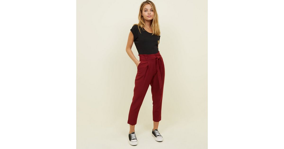 Petite Burgundy Belted Paperbag Waist Trousers | New Look