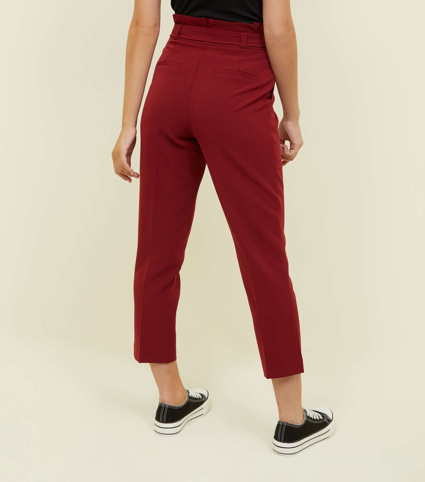 Petite Burgundy Belted Paperbag Waist Trousers Image 3