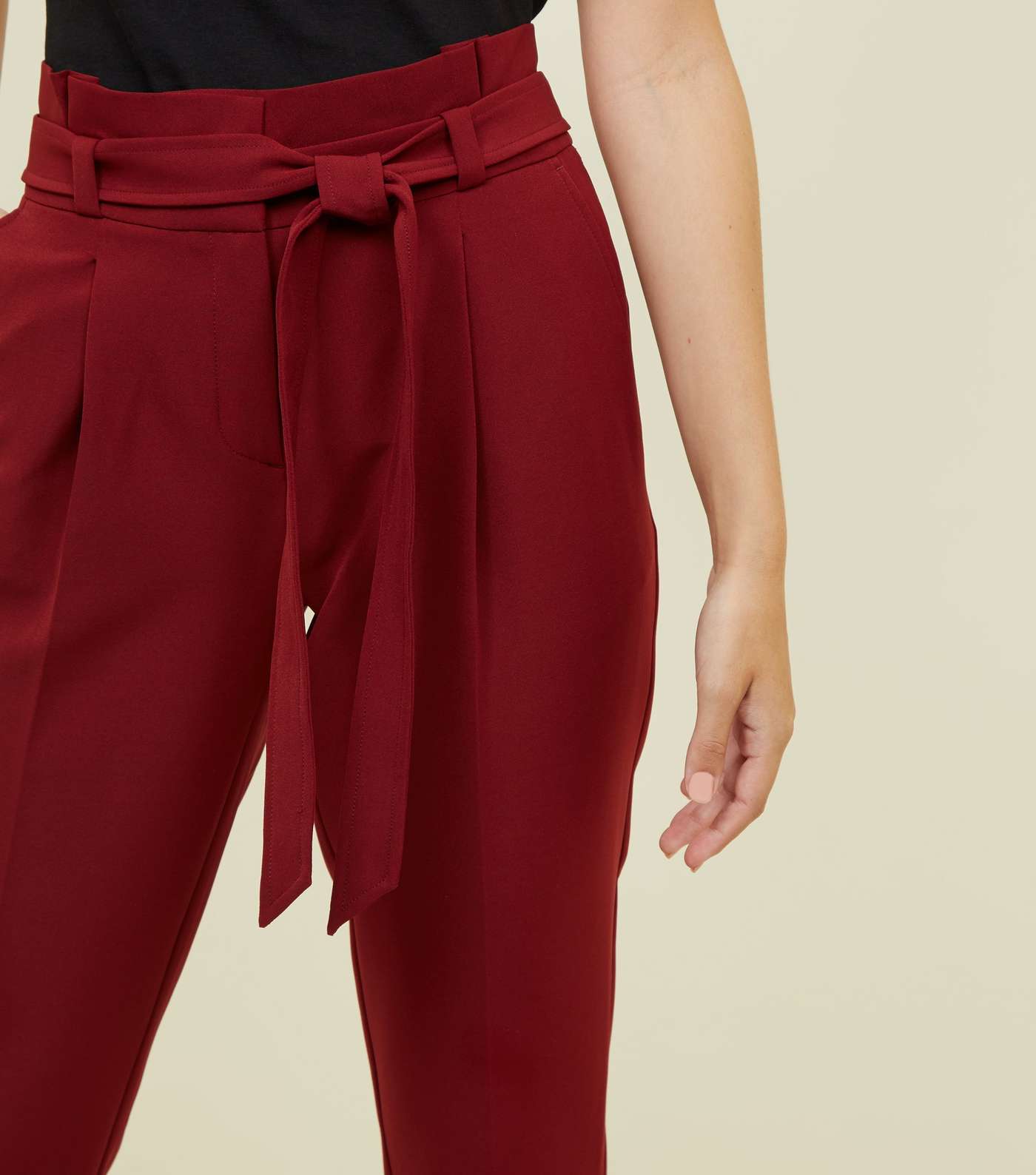 Petite Burgundy Belted Paperbag Waist Trousers Image 5