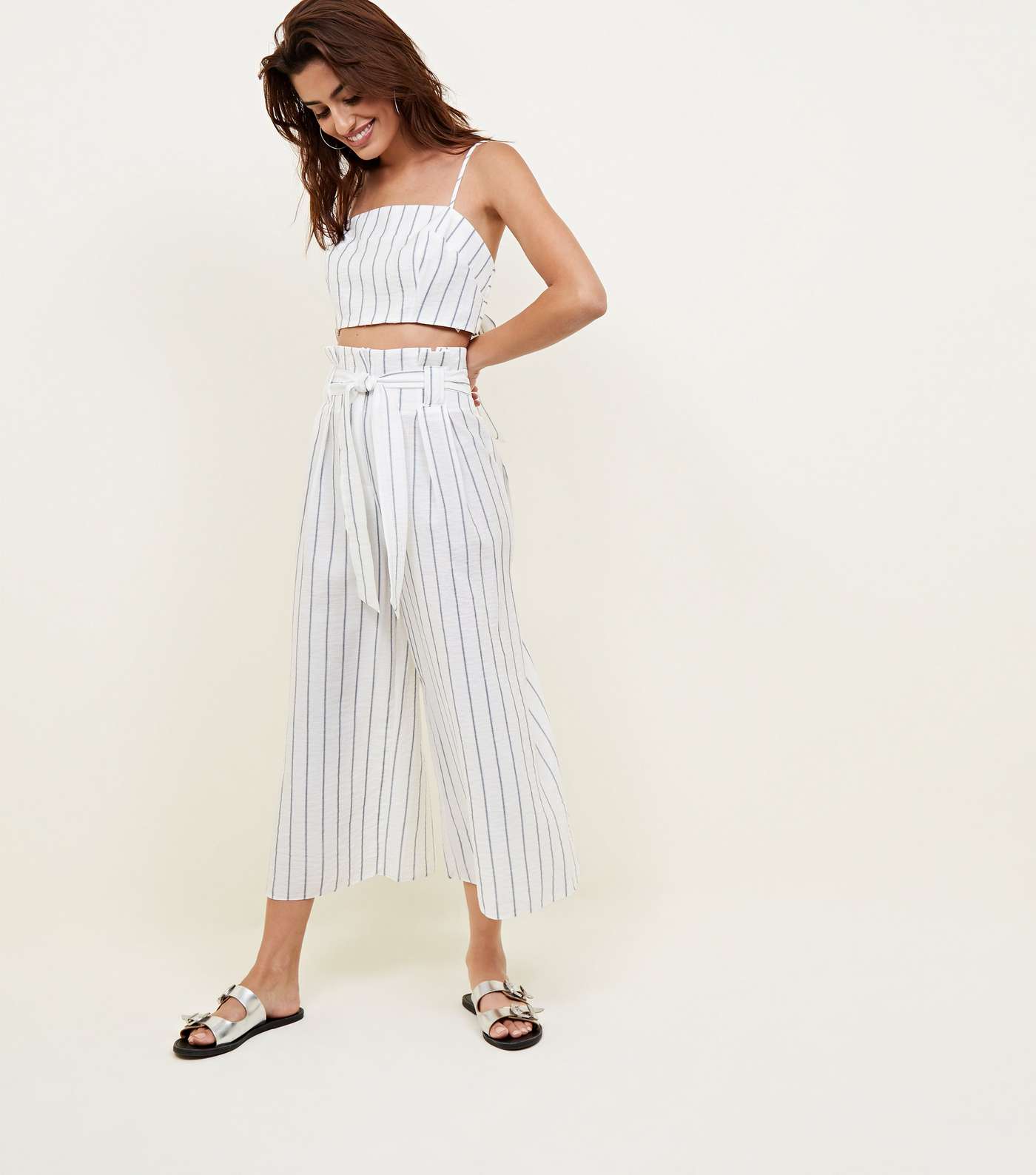 White Stripe Linen-Look Paperbag Culottes