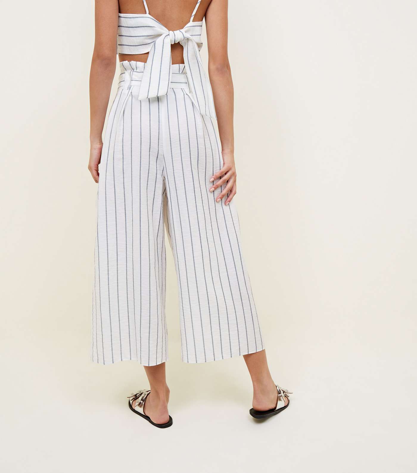 White Stripe Linen-Look Paperbag Culottes Image 3