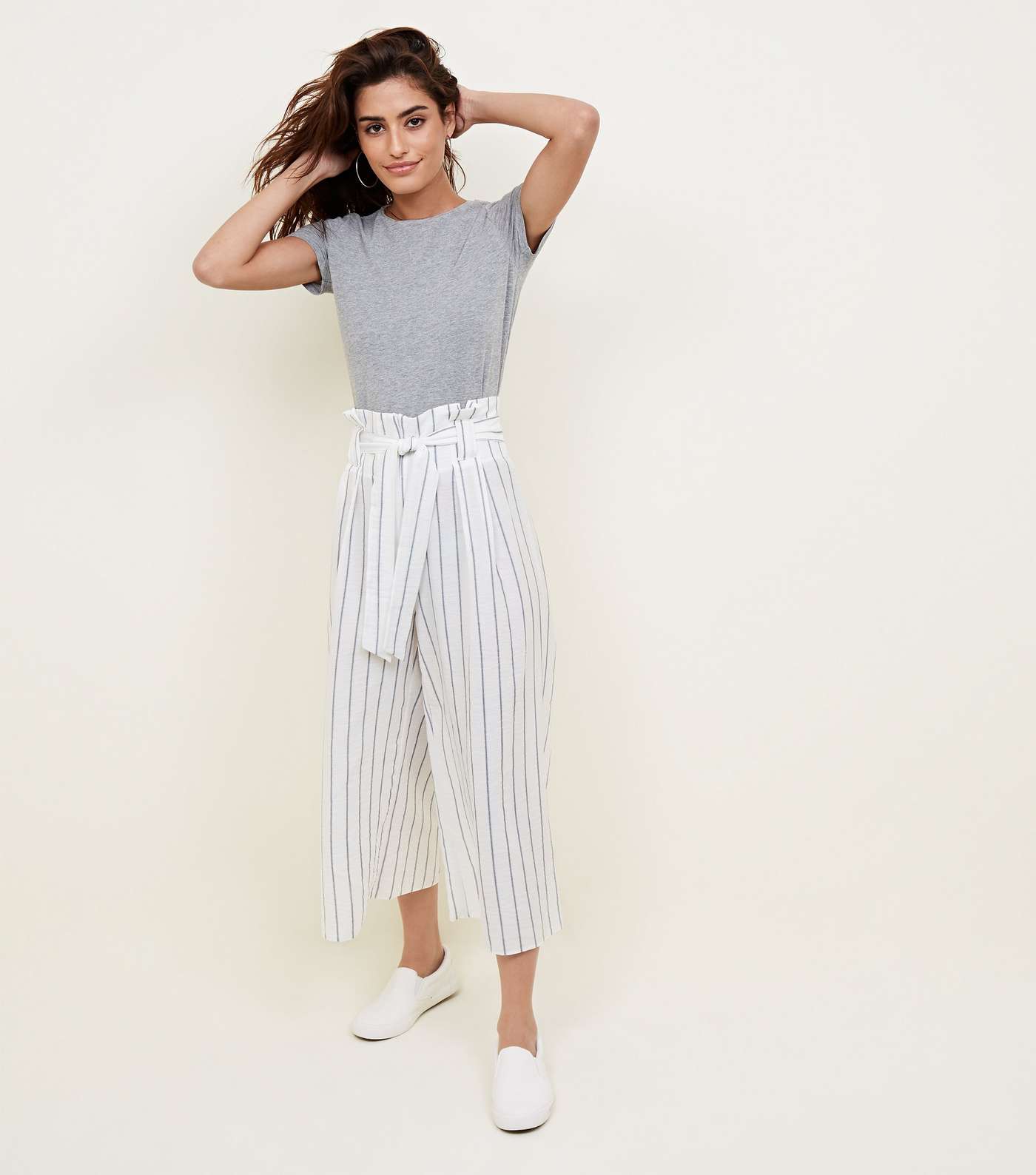 White Stripe Linen-Look Paperbag Culottes Image 5
