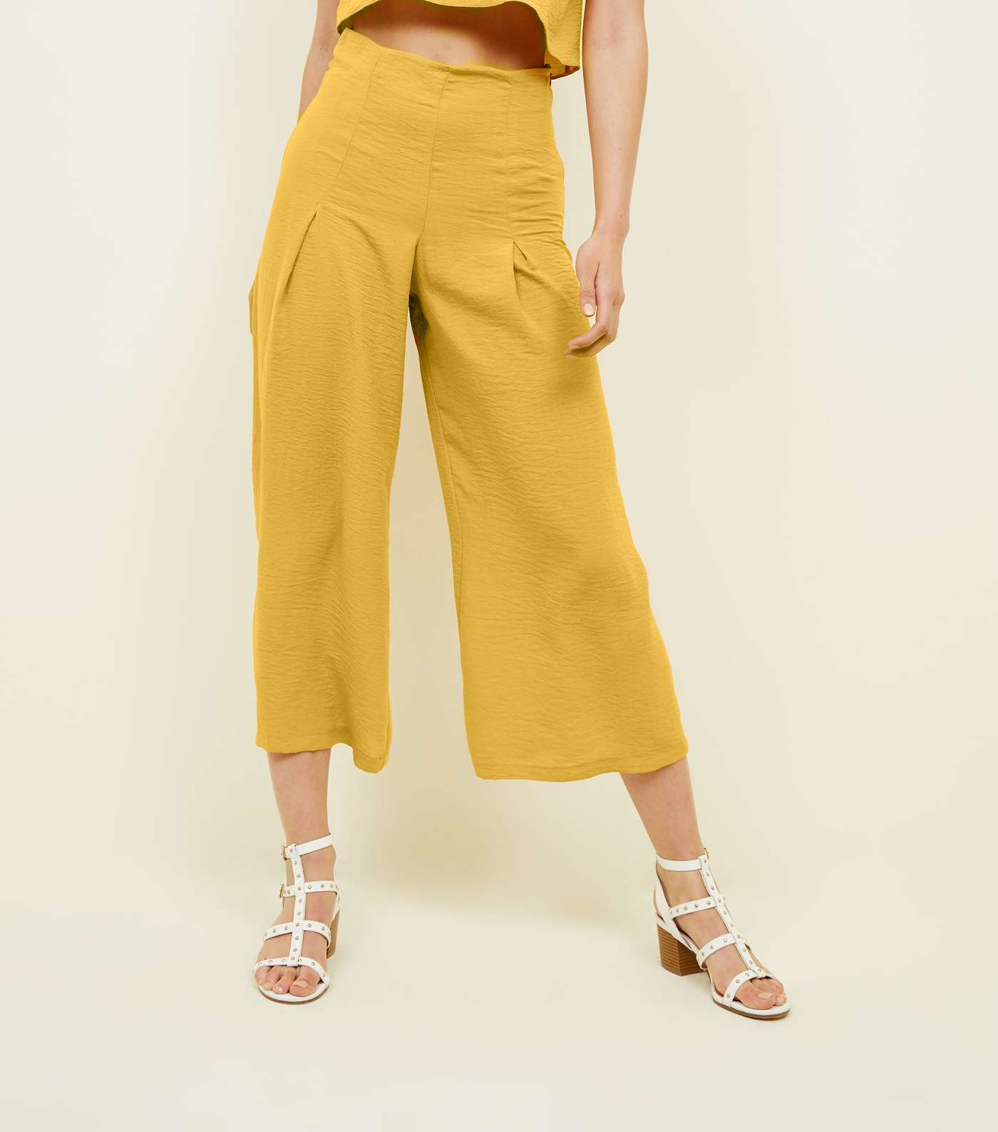 Mustard Pleated High Waist Cropped Trousers Image 2
