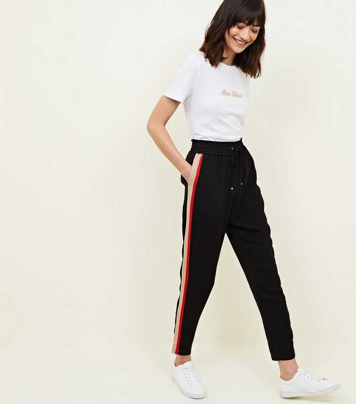 Black Side Stripe Shirred Waist Trousers