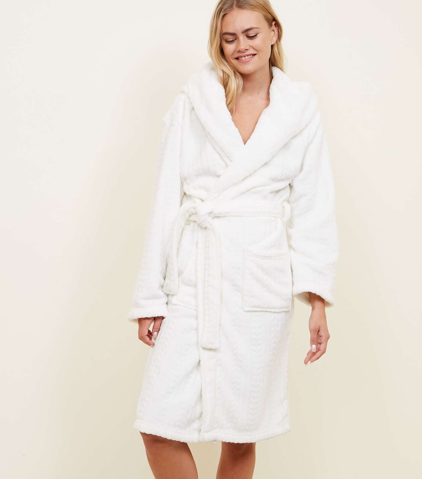 Off White Fluffy Hooded Dressing Gown Image 3
