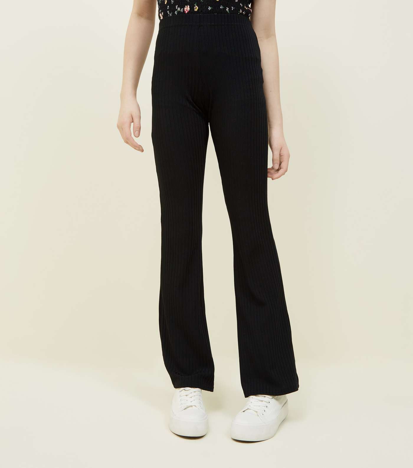 Girls Black Ribbed Flared Trousers Image 2