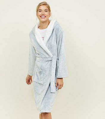 Pale Grey Hooded Borg Trim Dressing Gown New Look