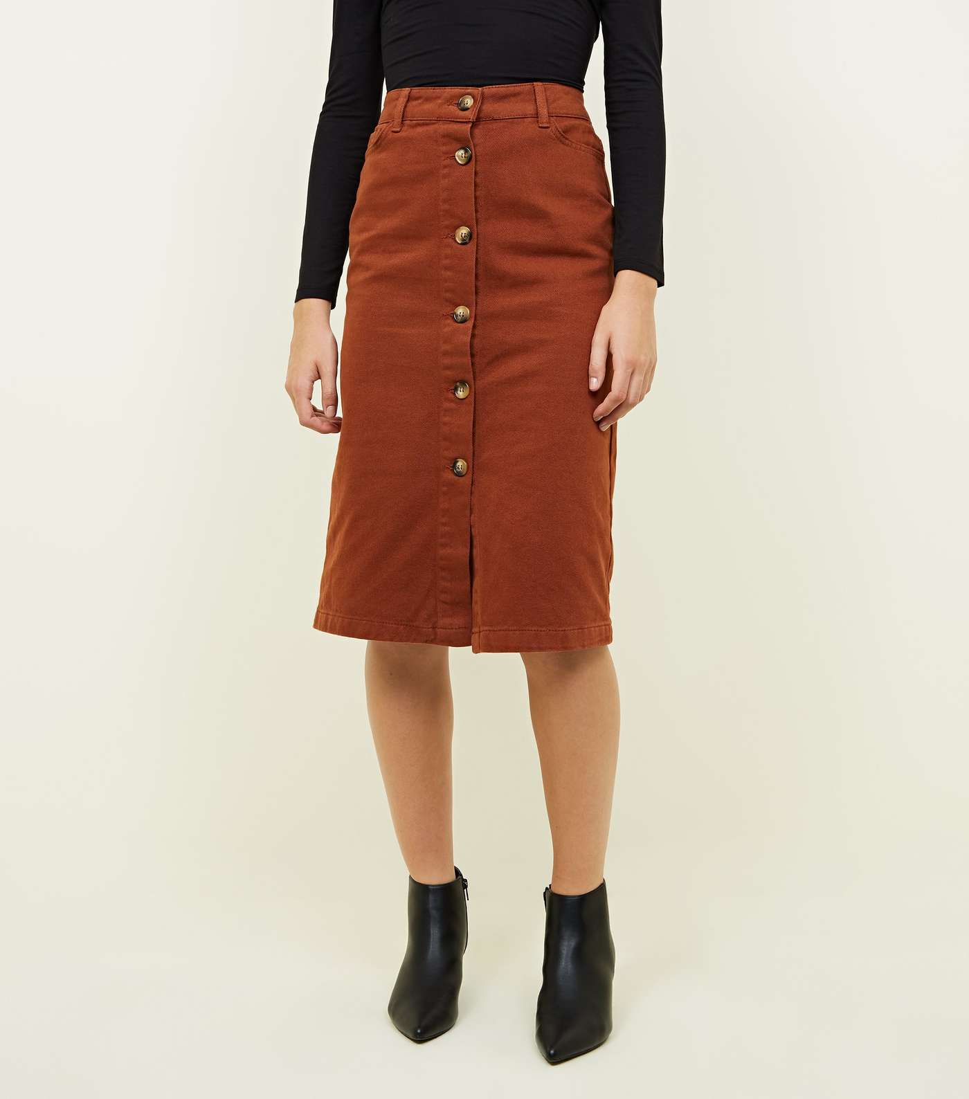 Rust Button Up Denim Midi Skirt Image 2