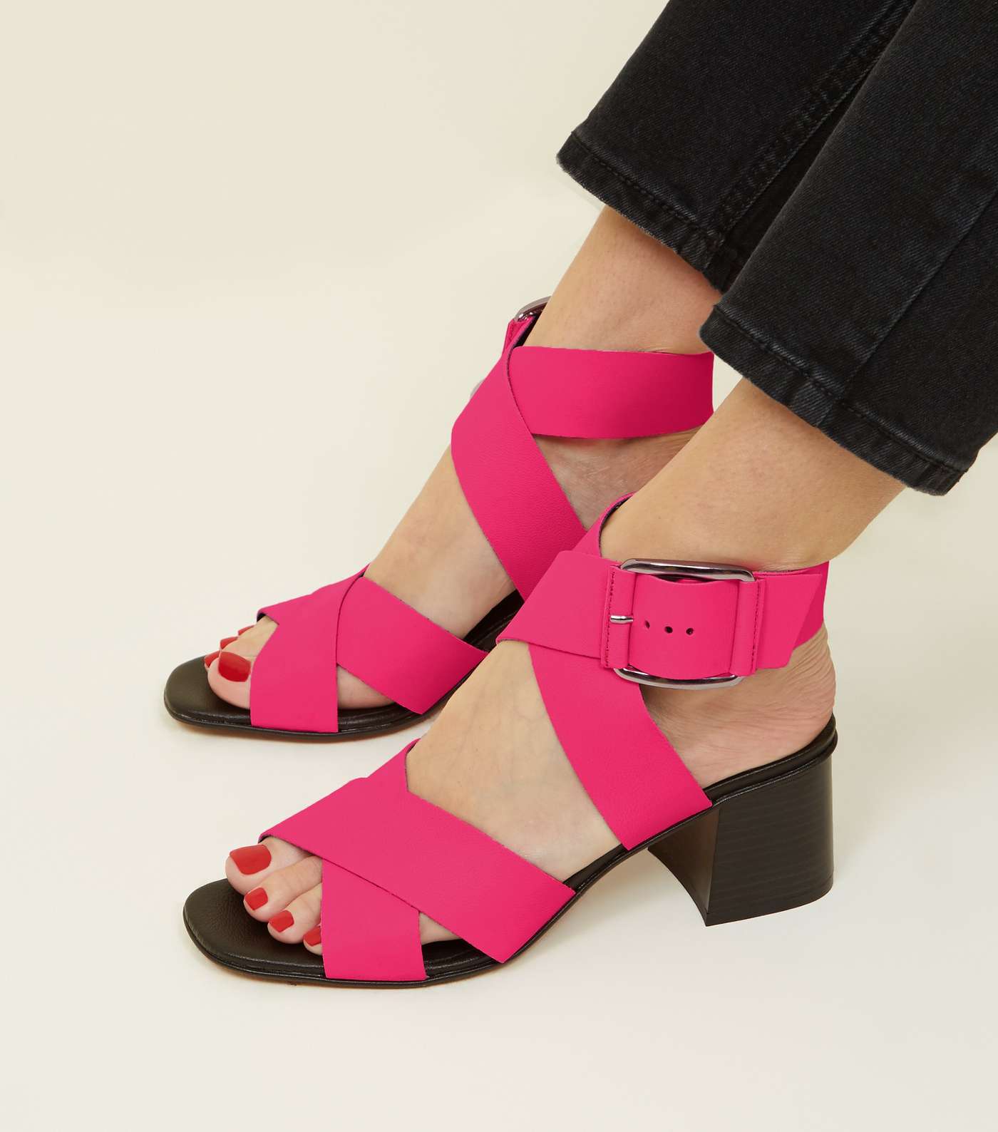Pink Premium Neon Leather Cross Strap Sandals Image 2